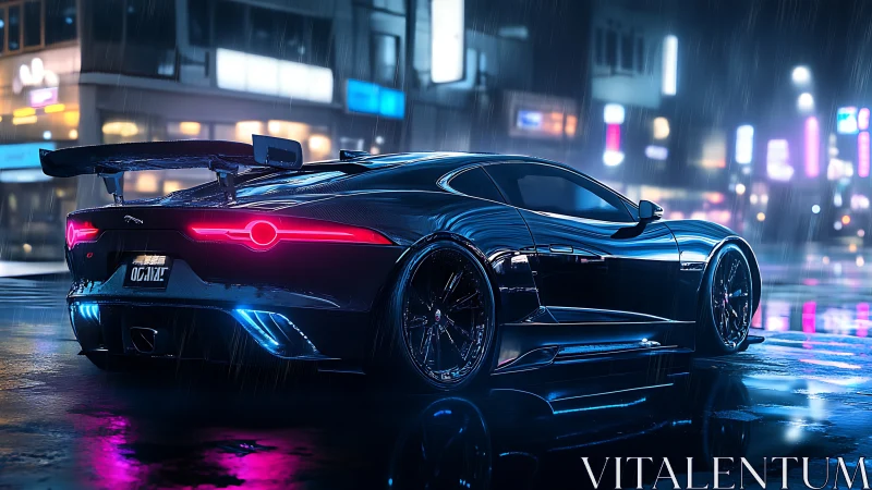 Wet neon city street reflects aerodynamic black sports coupe at night