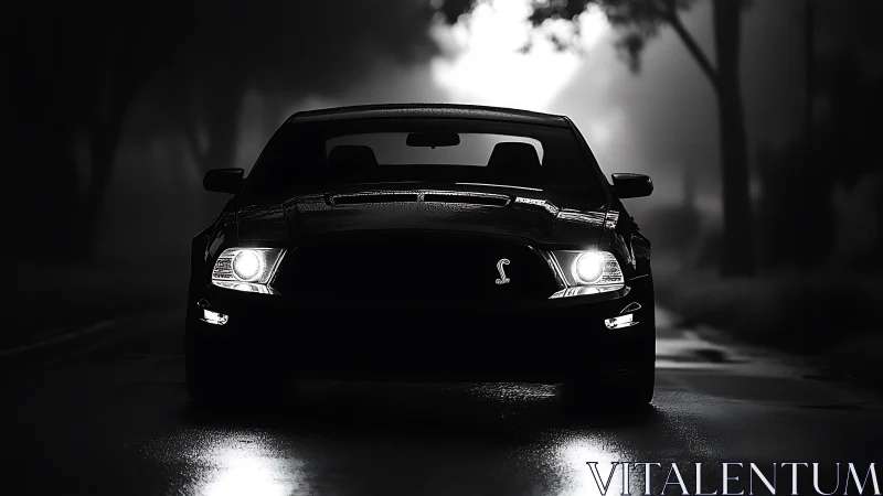 Muscle coupe headlights cutting through misty night road.
