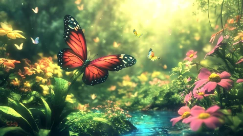 Sunlit butterflies drift above a dreamy enchanted forest stream