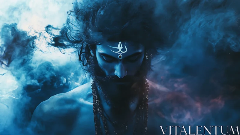 Divine figure emerges from swirling blue cosmic smoke