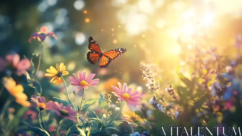 Digital painting of monarch butterfly over sunlit wildflower meadow.