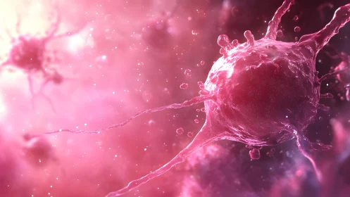 Microscopic View of a Biological Cell in Vibrant Pink Tones.