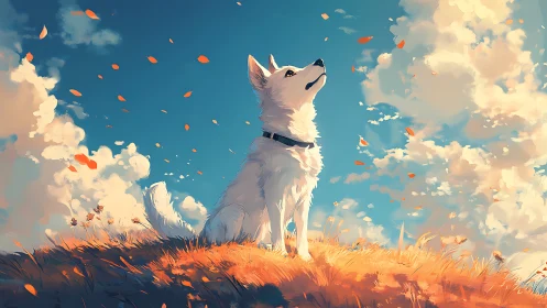 White dog on sunlit hill under drifting autumn leaves at dusk