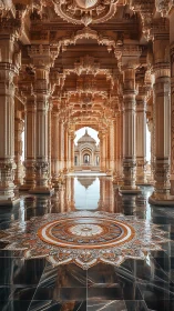 Intricate temple corridor with mirrored mandala floorwork.