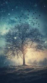 Lone midnight tree glows under starry sky as birds rise.