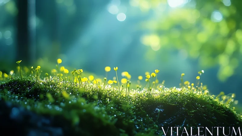 Backlit moss sporophytes glow in shallow depth of field forest