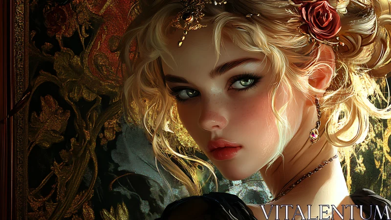 Regal blonde woman in ornate floral backdrop portrait.