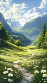 Sunny wildflower path winding toward peaceful snow peaks.