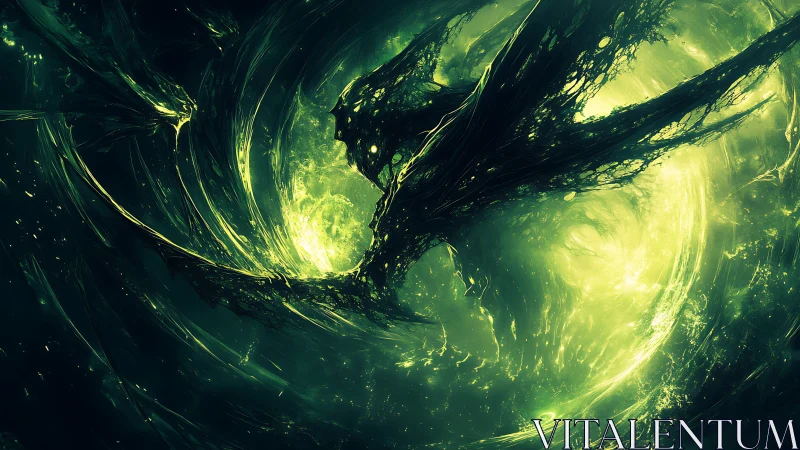Voidborn dragon erupts through luminous cosmic vortex.