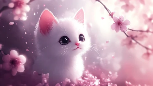 White Cat Surrounded by Pink Cherry Blossoms.
