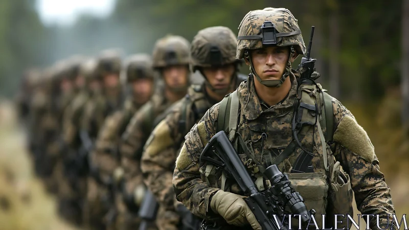 Line of focused infantry soldiers advancing through forest terrain.