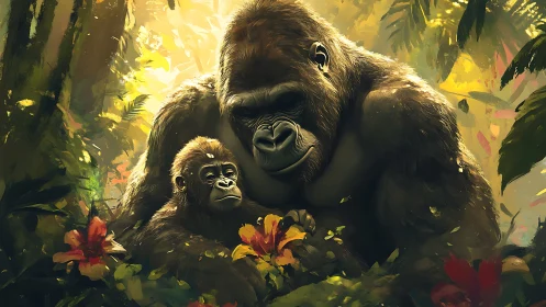 Gorilla mother and infant in golden rainforest light study.