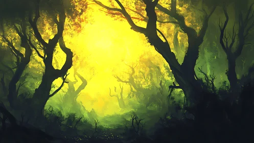 Luminous Forest Pathway Through Ancient Trees.