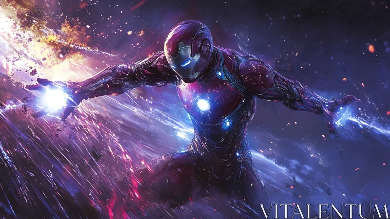 Armored energy warrior blazing through cosmic storm.