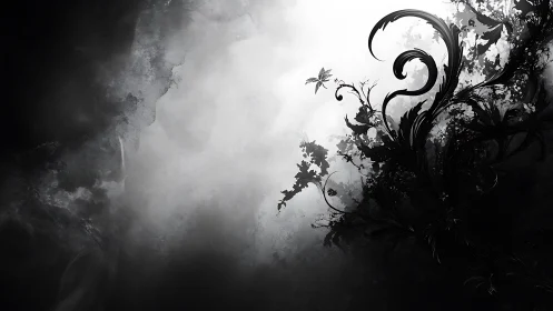 Monochrome swirling foliage silhouette in diffuse light.