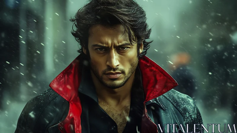 Storm-eyed wanderer strides through snowlit city grit.