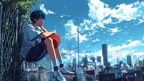 City-edge dreamer guards a quiet basketball under summer clouds