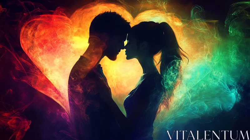 Silhouetted profiles with chromatic light effect and heart shape