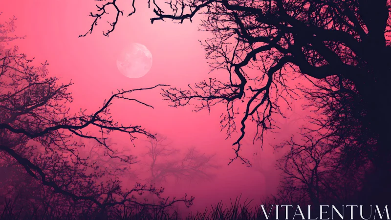 Moonlit branches stretch across a dreamy pink twilight sky