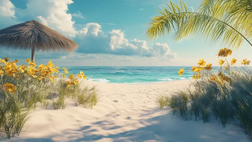 Tropical beach scene with thatched umbrella, palm vegetation, and ocean horizon