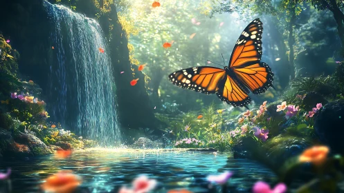 Majestic Monarch Butterfly in Lush Enchanted Forest Scene.