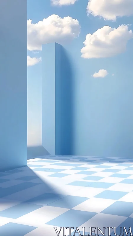 Minimal blue courtyard shows tiled floor and soft clouds