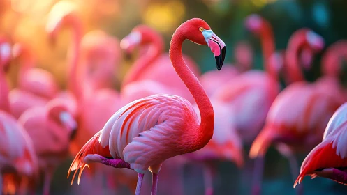 Graceful pink flamingo stands glowing in soft sunset light
