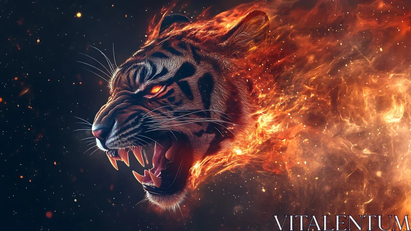 Fiery tiger head materializing from swirling cosmic flames