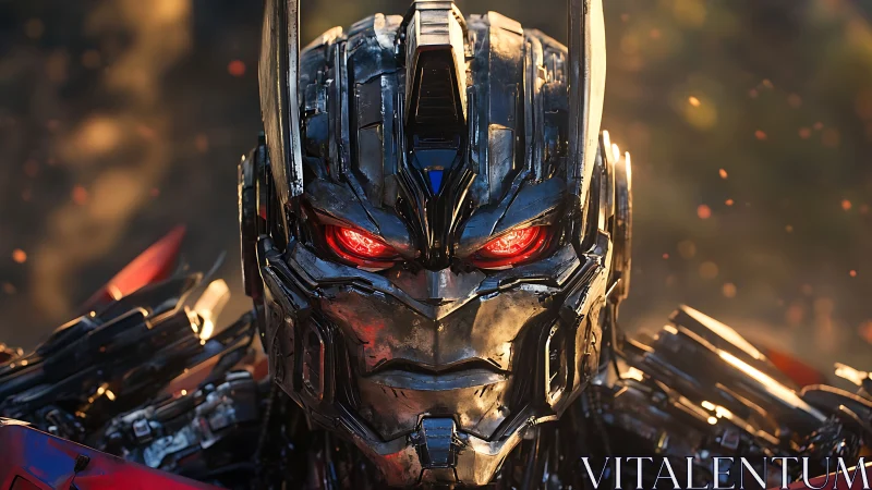 Metallic humanoid robot head with illuminated red eyes.