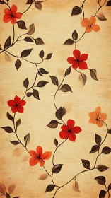 Curving red blossoms on textured tan botanical backdrop.