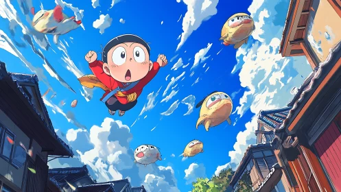 Dynamic anime boy with flying pufferfish above stylized rooftops