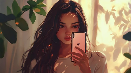 Young woman captures a quiet selfie in golden window light
