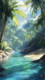 Tropical River Canyon with Palm Trees and Azure Water