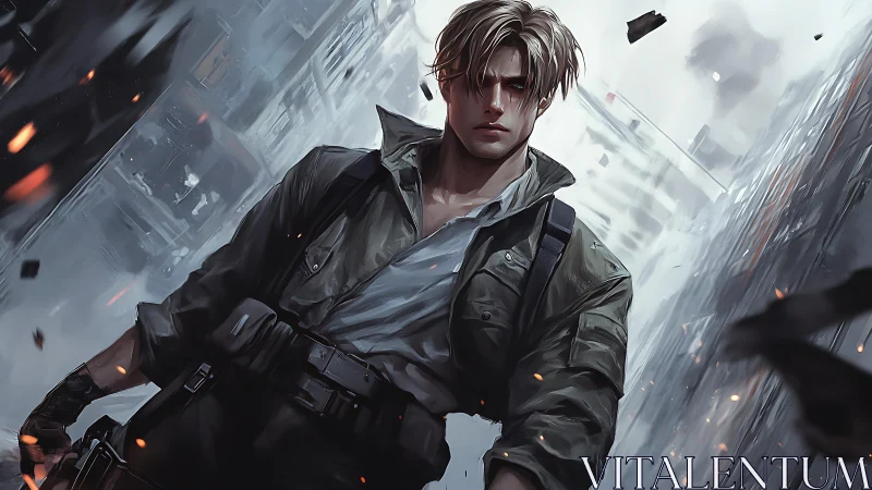 Battle-hardened soldier strides through tilted urban ruin