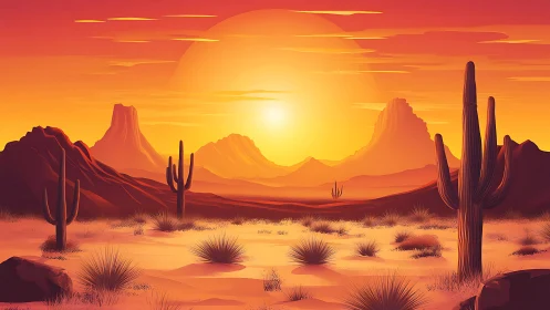 Thermal-gradient desert sunset with stylized saguaro silhouettes.