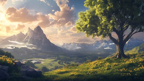 Luminous alpine valley with dominant tree and stratified peaks.