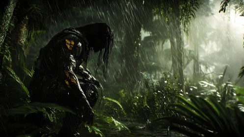 Lone armored wanderer pausing in a haunting jungle rainstorm.