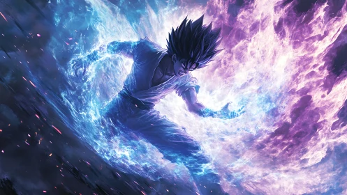 Anime warrior unleashes dual blue and purple energy wave