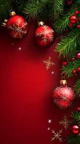 Red Christmas baubles glow against rich festive backdrop.