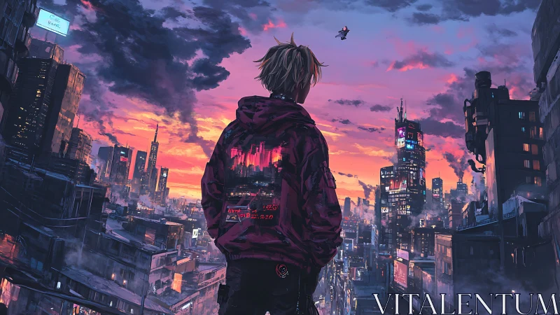 Lone hooded figure overlooking neon cyberpunk city at dusk.