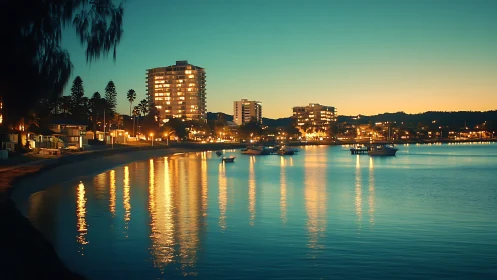 Coastal city waterfront at dusk with lit high rise buildings.