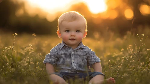 Toddler seated in field during golden hour light conditions.