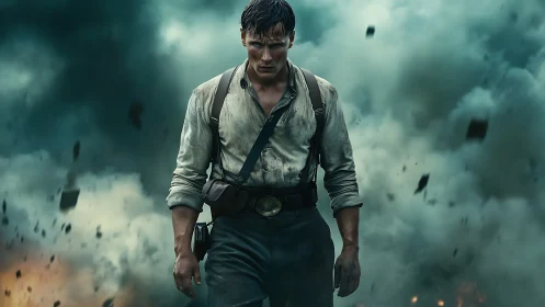 Photorealistic war hero portrait amid dynamic smoke field.