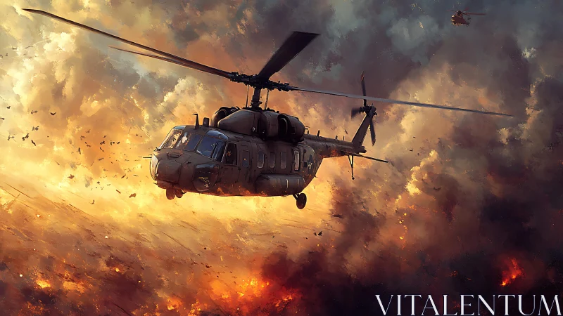 Combat helicopter banks through inferno-lit smoke with dynamic motion blur