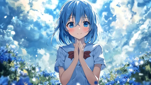 Sky-bloomed girl greeting the clouds in a sea of blue wildflowers.