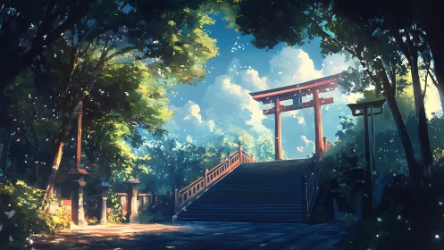 Torii gate on shaded shrine steps in forest environment.