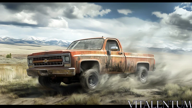 Dust-slinging vintage pickup roaring across wild plains.