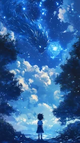 Starlit spectral dragon descends toward solitary child observer