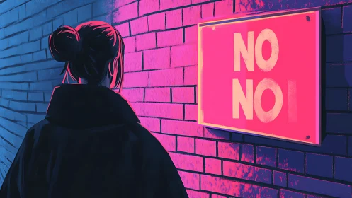 Woman stands facing neon pink NO NO sign on brick wall