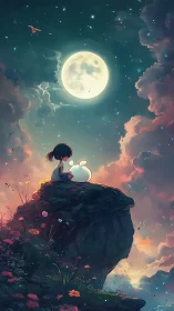 Moonlit cliff vignette with child and companion in pastel skies.